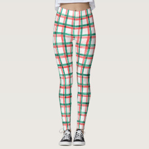 Red Green Check Plaid Christmas Leggings for Women
