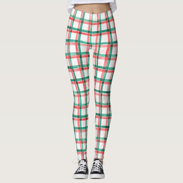 Red Green Check Plaid Christmas Leggings for Women (Front)