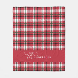 Red green check tartan script personalised family fleece blanket