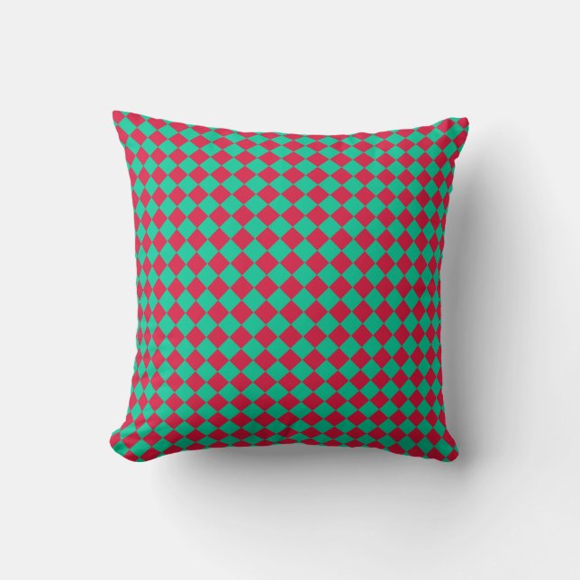 Red Green Chequered Diamond Pattern Cushion (Front)