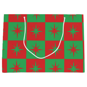 Red Green Chequered Retro Christmas  Starbursts   Large Gift Bag
