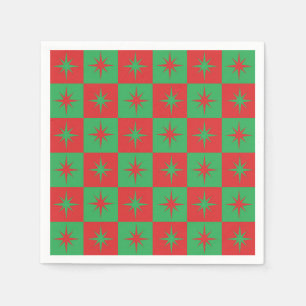 Red green chequered retro Christmas  starbursts   Napkin