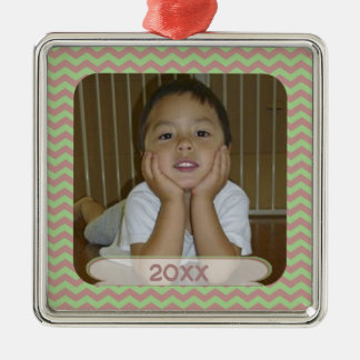 Red & Green Chevron Dated Photo Keepsake Ornament