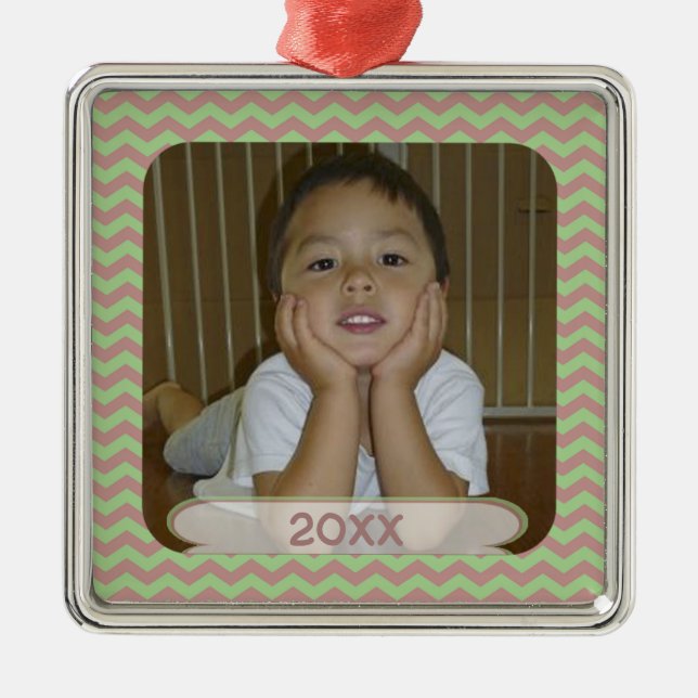 Red & Green Chevron Dated Photo Keepsake Ornament (Front)
