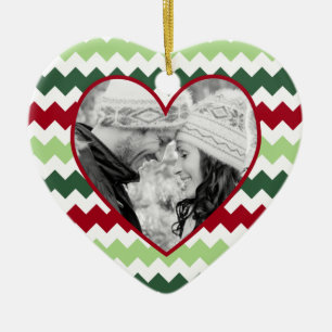 Red Green Chevron Heart Photo Christmas Ornament