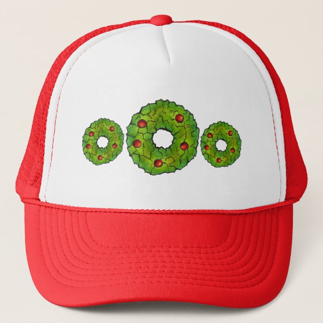 Red Green Christmas Cookie Holly Berry Wreath Xmas Trucker Hat (Front)