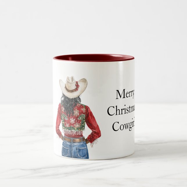 Red Green Christmas Cowgirl Black Hair Two-Tone Coffee Mug (Center)
