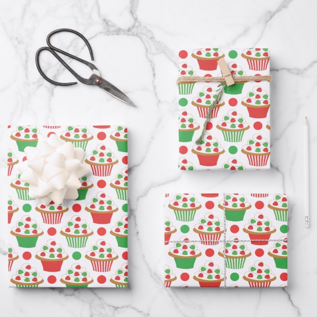 Red Green Christmas Cupcakes Pattern Wrapping Paper Sheet (Front)