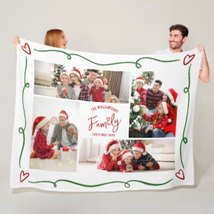 Red Green Christmas Family 4 Photo Doodles Hearts Fleece Blanket