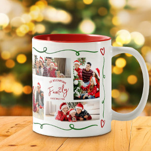 Red Green Christmas Family Photo Collage Doodles Two-Tone Coffee Mug