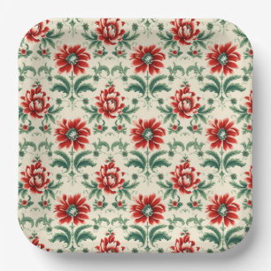 Red & Green Christmas Floral Elegance Paper Plate