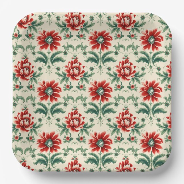 Red & Green Christmas Floral Elegance Paper Plate (Front)