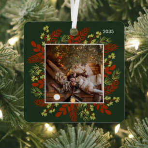 Red & Green Christmas Floral Frame Photo Metal Tree Decoration