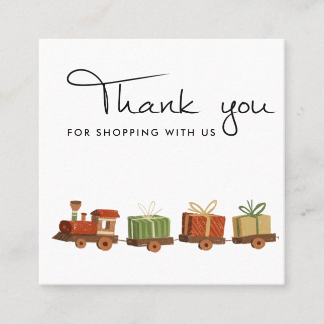 RED GREEN CHRISTMAS GIFT WOOD TOY TRAIN THANK YOU SQUARE BUSINESS CARD (Front)
