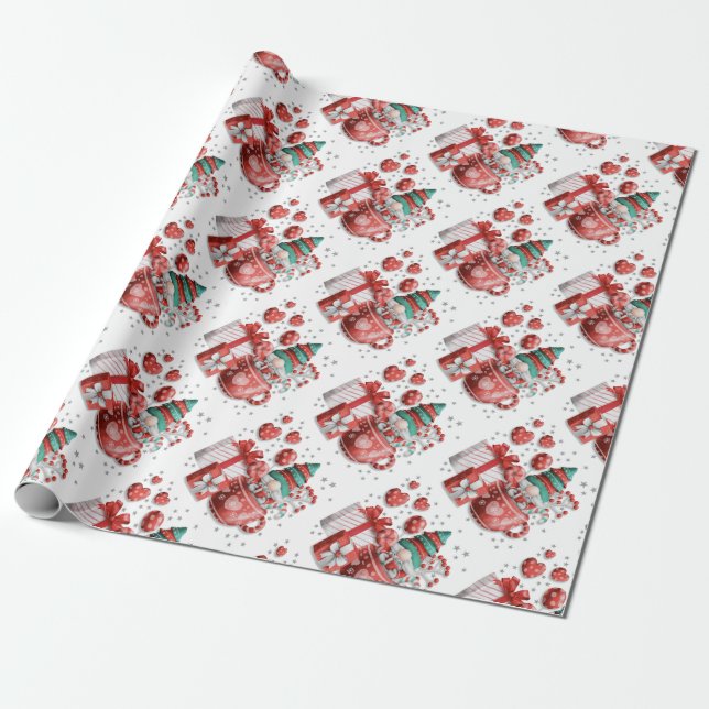 Red Green Christmas Gnome Teacup Hearts Gifts Star Wrapping Paper (Unrolled)