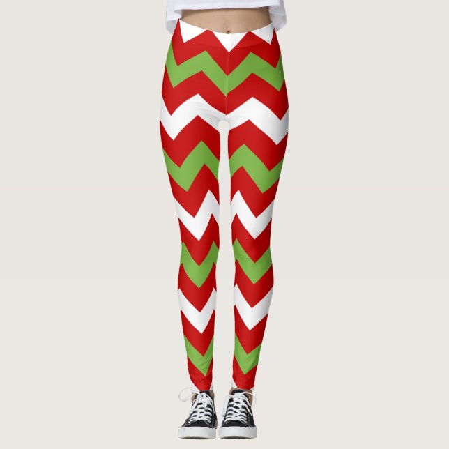 Red Green Christmas Holiday Chevron Pattern Leggings (Front)
