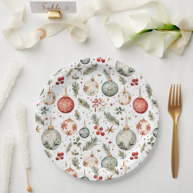 Red Green Christmas Holiday Ornaments Boho Antique Paper Plate (Wedding)