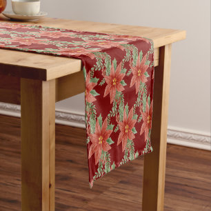 Red Green Christmas Holiday Poinsettia Botanical Short Table Runner