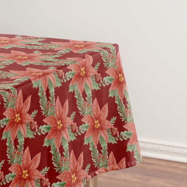 Red Green Christmas Holiday Poinsettia Botanical Tablecloth (In Situ)