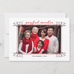 Red & Green Christmas Holly Joyful Wishes Family Holiday Card