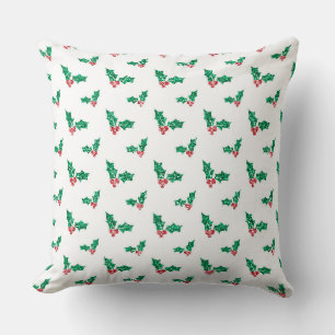 RED & GREEN CHRISTMAS HOLLY LEAVES & BERRIES CUSHION