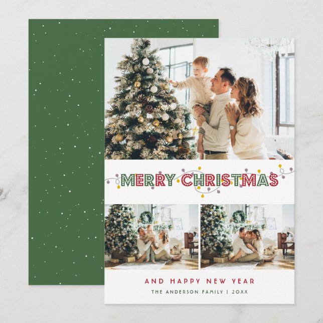 Red Green Christmas Lights 3 Photo Collage Holiday Card (Front/Back)