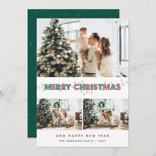 Red Green Christmas Lights Snow 3 Photo Collage Holiday Card (Front/Back)