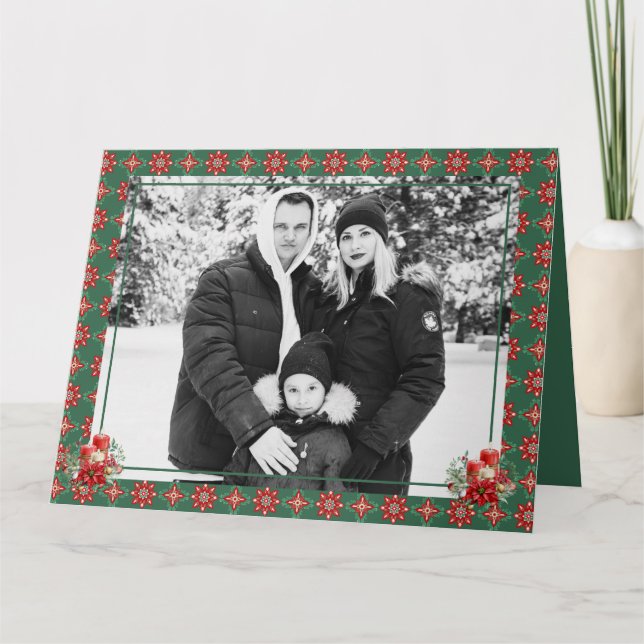 Red Green Christmas One Photo Snowflake Thank You Card (Front)