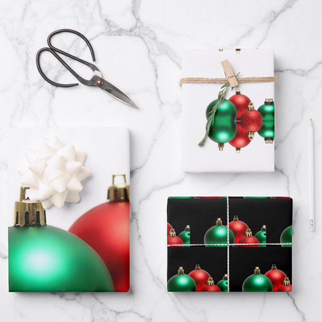 Red + Green Christmas Ornaments Wrapping Paper Sheet (Front)