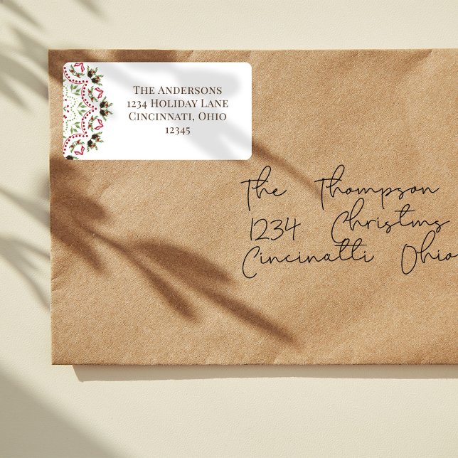 Red Green Christmas Personalised  Label (Christmas greenery, foliage, and berries mandala pattern return address label. )