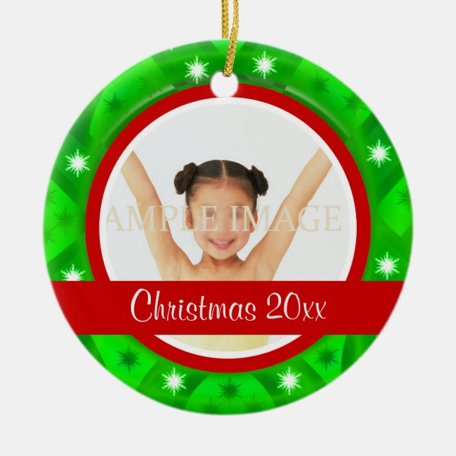 Red green Christmas photo personalise Ceramic Tree Decoration (Front)
