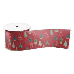Red green Christmas pine tree pattern Satin Ribbon