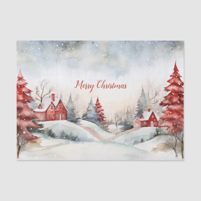  Red Green Christmas Pine Trees Woodlands Tissue Paper (Front)