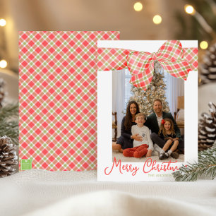 Red & Green Christmas Plaid Bow Wrap Photo Holiday Card
