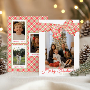 Red & Green Christmas Plaid Bow Wrap Photo Holiday Card
