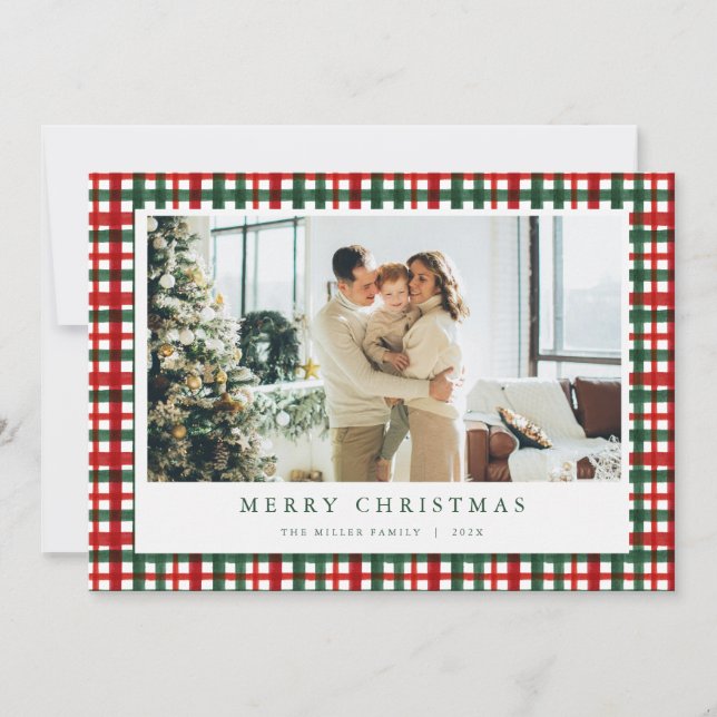 Red Green Christmas Plaid Photo Holiday Card  (Front)