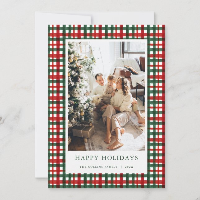 Red Green Christmas Plaid Photo Holiday Card (Front)