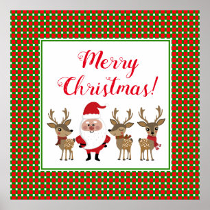 Red Green Christmas Plaid Santa Claus Reindeer Poster