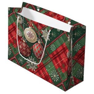 RED & GREEN CHRISTMAS PLAID WITH ORNAMENTS LARGE GIFT BAG