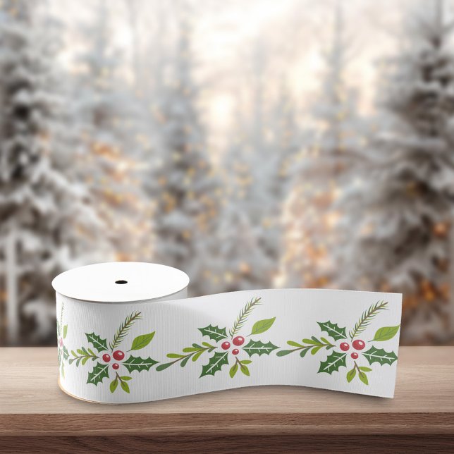 Red Green Christmas Plants Seamless Pattern Grosgrain Ribbon (Creator Uploaded)