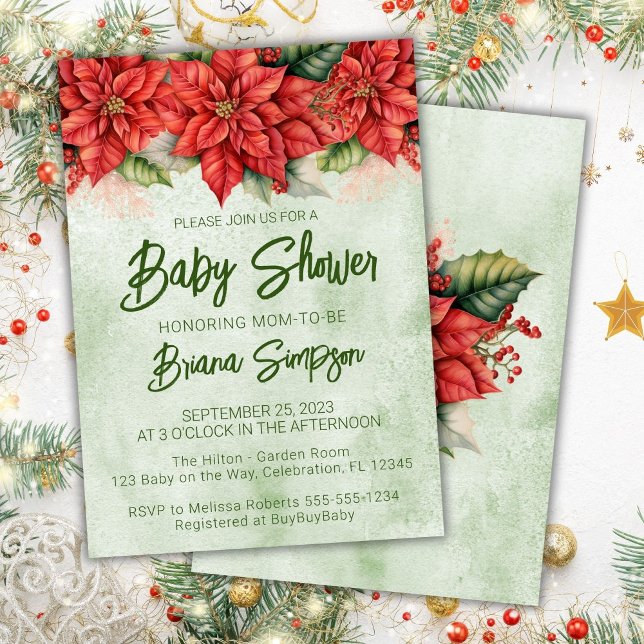 Red Green Christmas Poinsettia Baby Shower Invitation (Creator Uploaded)