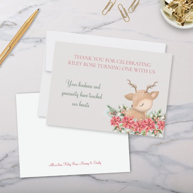 Red Green Christmas Poinsettia Deer Birthday Party Thank You Card (Festive red and green christmas themed little deer birthday party for kids thank you cards)