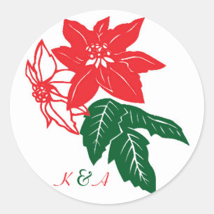 Red & Green Christmas Poinsettias Holiday Wedding Classic Round Sticker