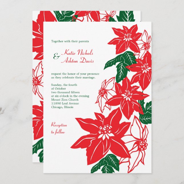 Red & Green Christmas Poinsettias Holiday Wedding Invitation (Front/Back)