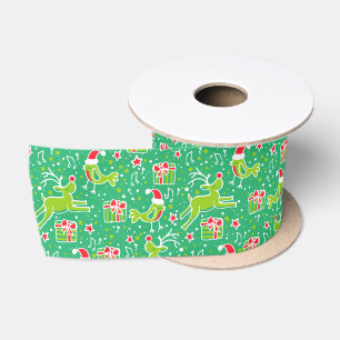Red green Christmas reindeer and birds ribbon Satin Ribbon