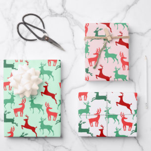 Red Green Christmas Reindeer Silhouette Pattern Wrapping Paper Sheet