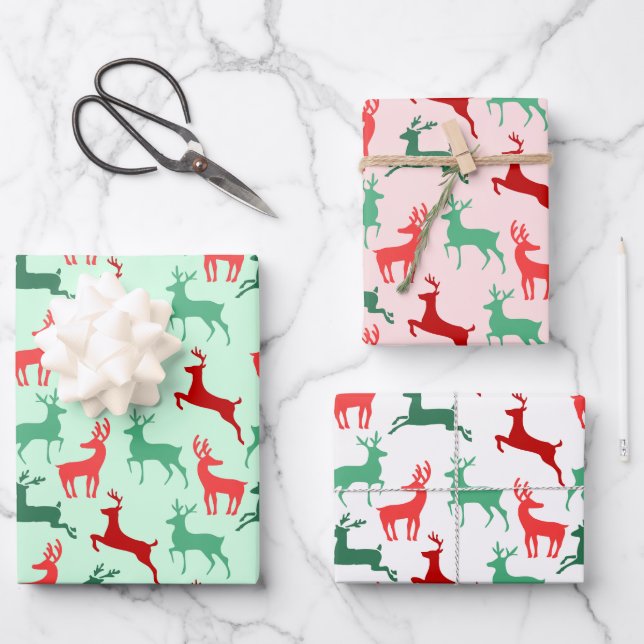 Red Green Christmas Reindeer Silhouette Pattern Wrapping Paper Sheet (Front)