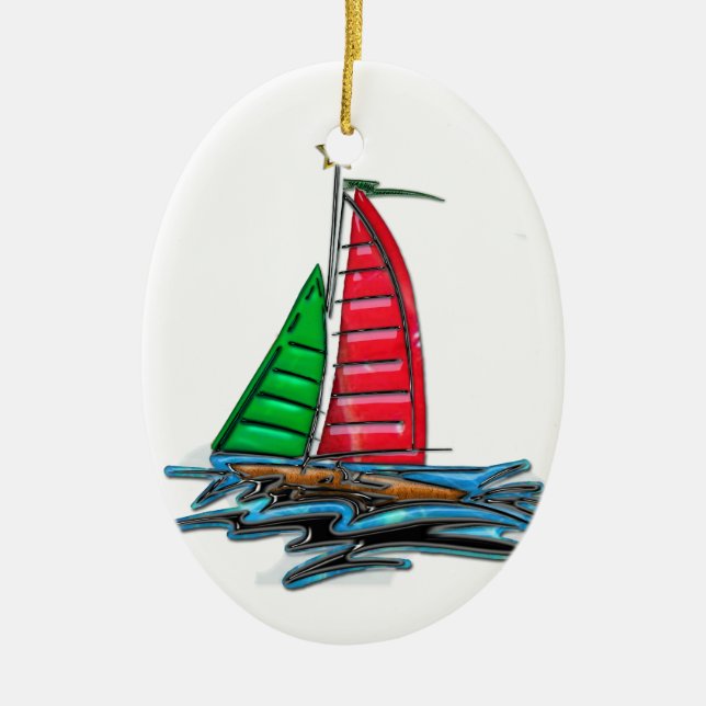 Red & Green Christmas Sailboat Ceramic Tree Decoration (Front)