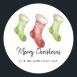 Red Green Christmas Socks Merry Christmas Classic Round Sticker<br><div class="desc">Modern and elegant design Red Green Christmas Socks Merry Christmas Sticker that can be customised with your text. Personalise it with your family name and your christmas date, or include a special message! Please click the "Customise it" button and use our design tool to modify this template. Check out the...</div>