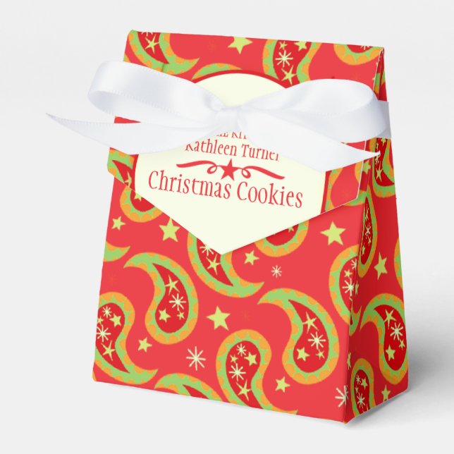 Red green Christmas star paisley cookies gift box (Front Side)